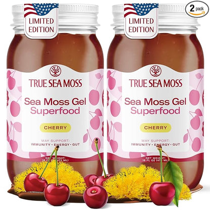 TrueSeaMoss Sea Moss Gel – Made in USA – Wildcrafted Seamoss, Fresh Fruits & Sea Vegetables – Cherry, Pack of 2 (Labels may Vary)