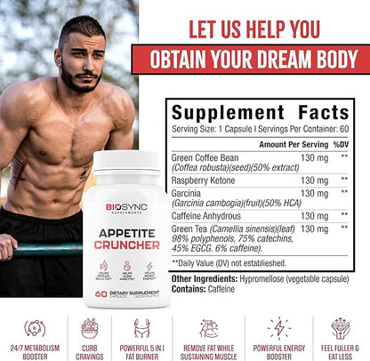 Appetite Cruncher - Weight Loss Pills for Women & Fat Burner for Men to Boost Metabolism, Appetite Suppressant, Carb Blocker | 5 Research Backed Ingredients for Weight Loss - 60 Diet Pills for Adults