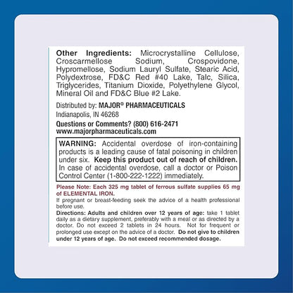Major Ferosul - Ferrous Sulfate 325mg Tablets with 65mg of Elemental Iron - Iron Supplement for Women, Men - Red - 100 Tablets - Pack of 1