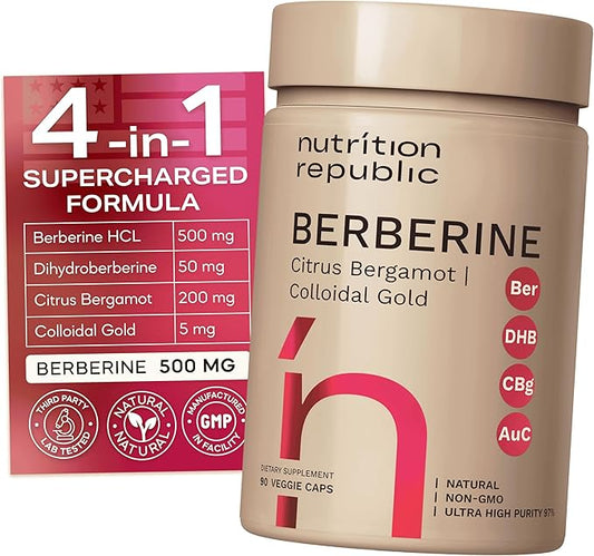 Berberine Supplement 500mg, Ultra High Potency Berberine Complex with Citrus Bergamot, Colloidal Gold & Berberine Hcl, Dihydroberberine Supplement, 90 Veggie Capsules