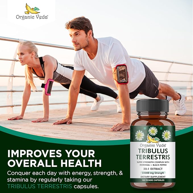 Organic Veda Tribulus Terrestris Extract Capsules for Men, 22000mg - Tribulus Terrestris Super Strength with Moringa & Black Pepper - Boost Energy, Stamina & Performance - Vegan, Non-GMO - 120 Count