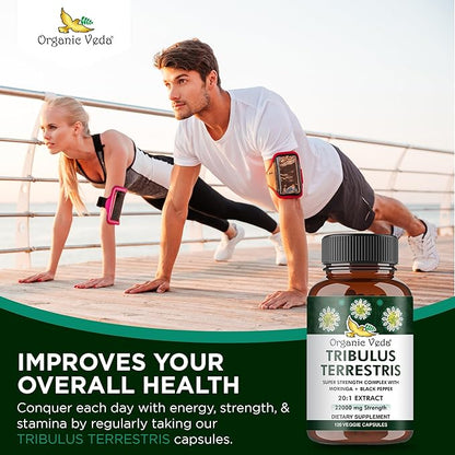 Organic Veda Tribulus Terrestris Extract Capsules for Men, 22000mg - Tribulus Terrestris Super Strength with Moringa & Black Pepper - Boost Energy, Stamina & Performance - Vegan, Non-GMO - 120 Count