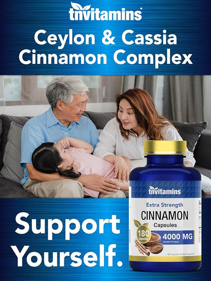 Cinnamon Capsules 4,000 mg Equivalent - 180 Capsules | Cassia & Ceylon Cinnamon Pills | Two Varieties! | Non-GMO! | Made in The USA!