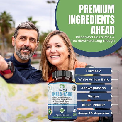 Infla-1500 All-Natural Relief Supplement Extract Blend with Turmeric, White Willow Bark, Ashwagandha, Ginger, Boswellia, Bromelain, Omega-3 and Magnesium-60ct