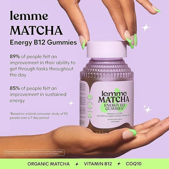 Lemme Matcha Superfood Energy Gummies with Organic Matcha Green Tea, Vitamin B12 and Antioxidant CoQ10 to Support Cellular Energy, Metabolism & Healthy Skin - Gluten Free, Non GMO (60 Count)