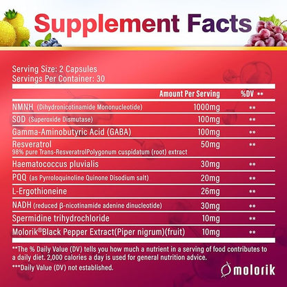 NMNH (Dihydronicotinamide Mononucleotide), 1000mg Per Serving NAD High Purity Supplement Alternative, Capsules Gluten Free, Non-GMO, for Anti-Aging, Energy, Focus - 007