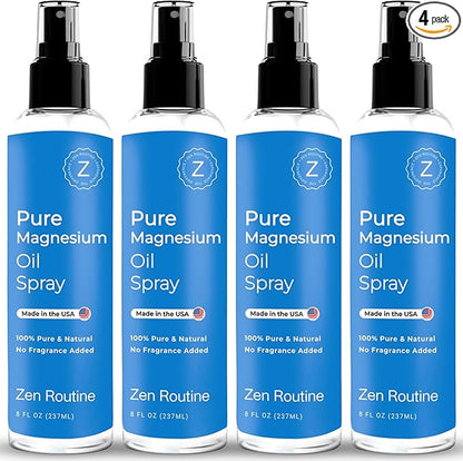 Pure Organic Magnesium Oil Spray | Fast Absorbent | Made in USA 8 fl oz/237ml (4 Pack)