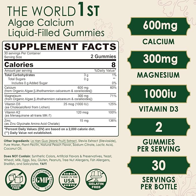 Plant Based Calcium Gummies 600mg with Vitamin D3 K2, Zinc for Bone Strength, Calcium Supplements for Women (Certified Vegan) Sustainably Sourced Algae Calcium Magnesium 2:1 Ratio, Sugar Free - 60 Cts