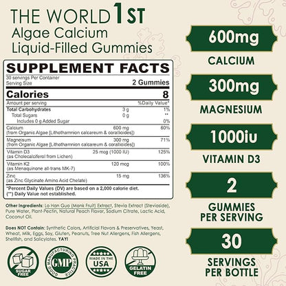 (2 pack) Plant Based Calcium Gummies 600mg with Vitamin D3 K2, Zinc for Bone Strength, Calcium Supplements for Women (Certified Vegan) Sustainably Sourced Algae Calcium Magnesium 2:1 Ratio, Sugar Free
