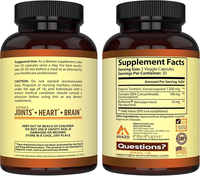 Arazo Nutrition Turmeric Curcumin with BioPerine 1300mg with Black Pepper - Joint Support Nutritional Supplements - 100% Herbal Tumeric Root Capsules