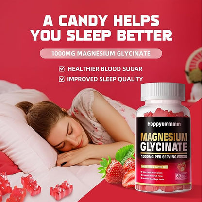 Magnesium Glycinate Gummies 1000mg - Sugar Free Magnesium Potassium Supplement with Vitamin D, B6, CoQ10 for Calm Mood & Sleep Support - 60 Strawberry Gummies.
