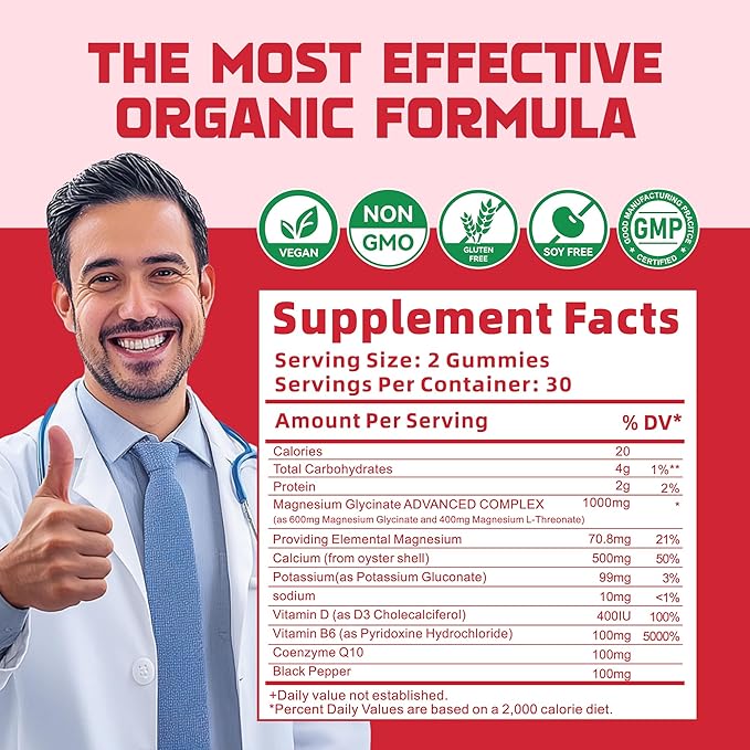 Magnesium Glycinate Gummies 1000mg - Sugar Free Magnesium Potassium Supplement with Vitamin D, B6, CoQ10 for Calm Mood & Sleep Support - 60 Strawberry Gummies.