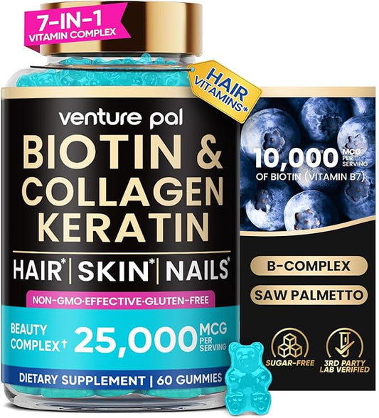 Venture Pal Biotin Gummies with Collagen & Keratin - Hair Growth Support Skin and Nail Strength Vitamins for Women & Men - Biotin 10000mcg | B-Complex | Saw Palmetto - Sugar Free, Non-GMO, 60ct