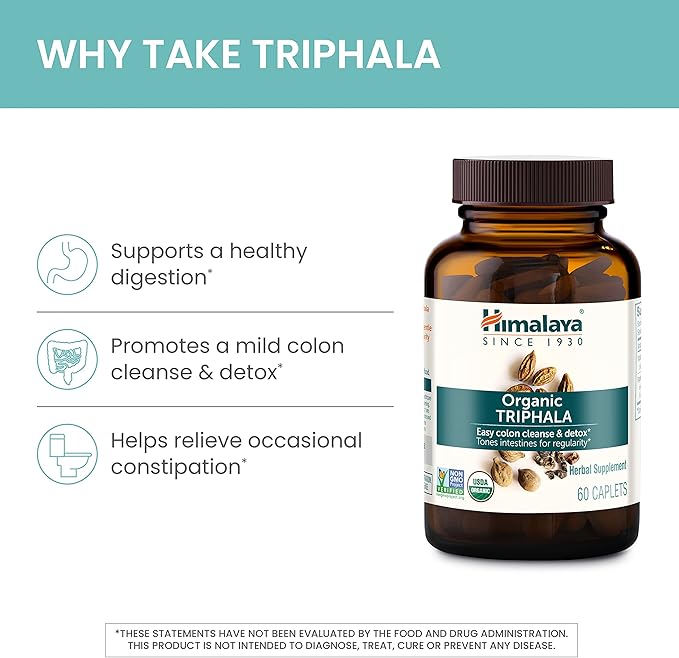 Himalaya Organic Triphala, 2 Month Supply, for Colon Cleanse, Detox & Occasional Constipation, USDA Certified Organic, Non-GMO, Gluten-Free, Extract & Powder Herbal Supplement, 688 mg, 60 Caplets
