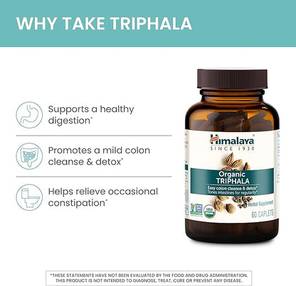 Himalaya Organic Triphala, 2 Month Supply, for Colon Cleanse, Detox & Occasional Constipation, USDA Certified Organic, Non-GMO, Gluten-Free, Extract & Powder Herbal Supplement, 688 mg, 60 Caplets