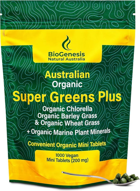 BIOGENESIS Australian Organic SuperGreens Plus Chlorella, Barley Grass, Wheat Grass, Marine Plant Minerals Australia, Tablets (200 mg) (1000 Count)