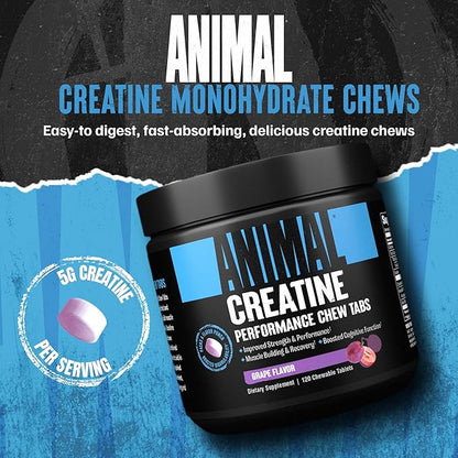 Animal Creatine Chews Tablets - Enhanced Creatine Monohydrate with AstraGin to Improve Absorption, Sea Salt for Added Pumps, Delicious and Convenient Chewable Tablets - Grape