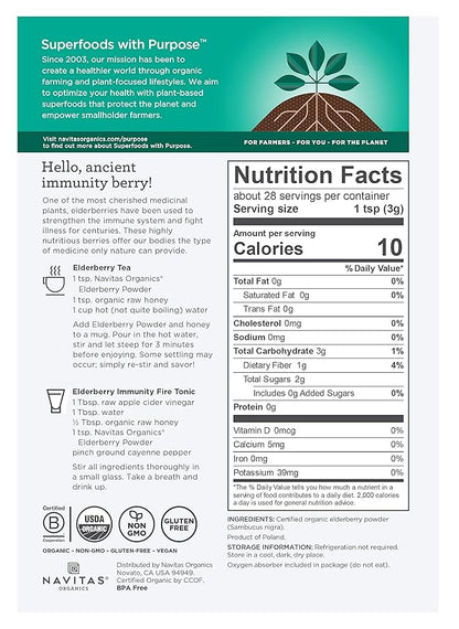 Navitas Organics Elderberry Powder, 3oz Bag, 28 Servings — Organic, Non-GMO, 100% Whole Elderberry Powder for Immune Support