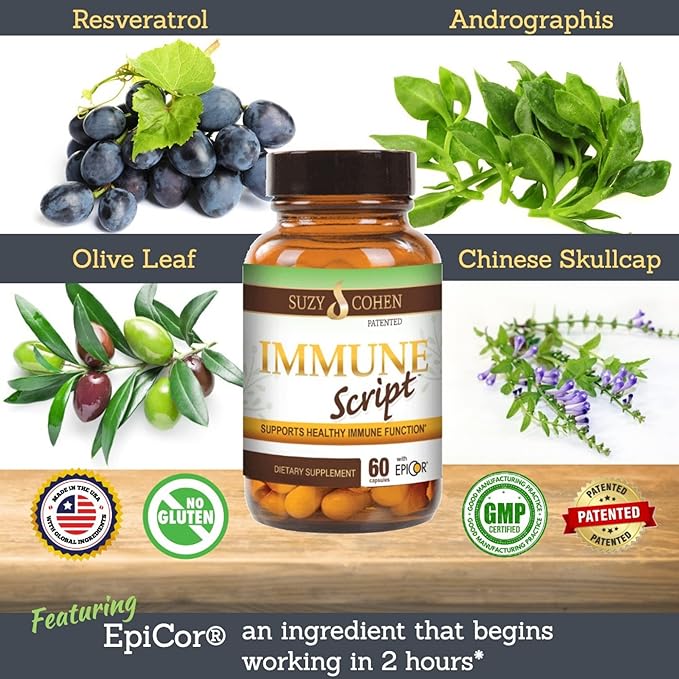 Immune Script with EpiCor for Seasonal Immune, Gut and Respiratory Support - Contains Andrographis, Skullcap, Resveratrol, Olive Leaf Extract, Supports Refreshing Sleep - 60 Capsules