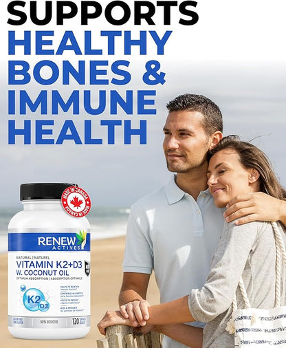 Renew Actives D3 K2 Supplement with Coconut Oil 1000 IU per Serving- Promotes Immune Function, Bone Health & Teeth, Enhances Calcium Absorption for Optimal Wellness - Made in Canada - 120 Softgels