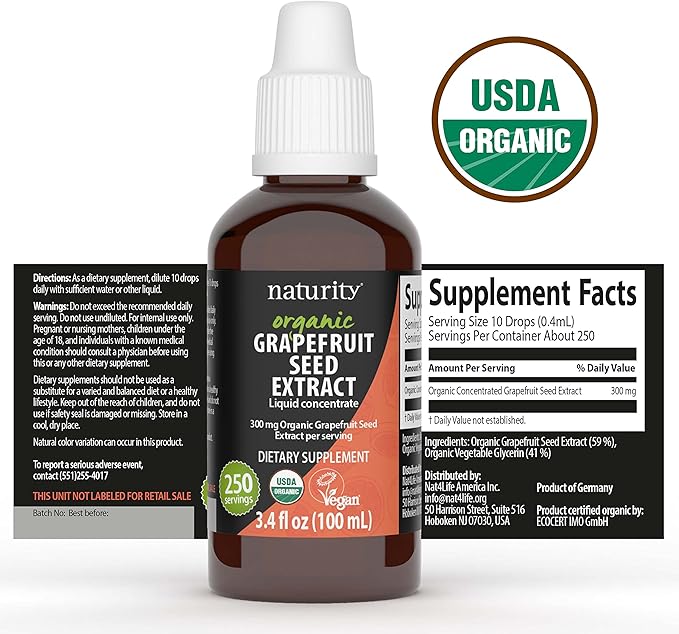 naturity Organic Grapefruit Seed Extract Supplement -300mg Grapefruit Seed Extract/Serving, 82 Day Supply - Pure GSE Liquid Concentrate, 3.4 fl oz (100ml)