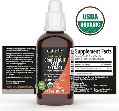 naturity Organic Grapefruit Seed Extract Supplement -300mg Grapefruit Seed Extract/Serving, 82 Day Supply - Pure GSE Liquid Concentrate, 3.4 fl oz (100ml)