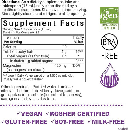 Bluebonnet Nutrition Magnesium Citrate 420 mg - Calm Mind & Body* – Supports Heart, Muscle & Sleep* - Non-GMO, Vegan, Kosher, Gluten-Free, Soy-Free, Milk-Free - 16 FL OZ, Mixed Berry Flavor