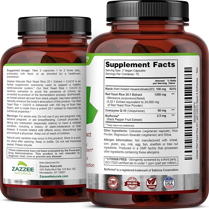 Zazzee Red Yeast Rice 1200 mg with CoQ10, 150 Vegan Capsules, Extra Strength 20:1 Extract, Citrinin Free, Supports Cardiovascular and Blood Circulation Health, All-Natural, Non-GMO, Made in The USA
