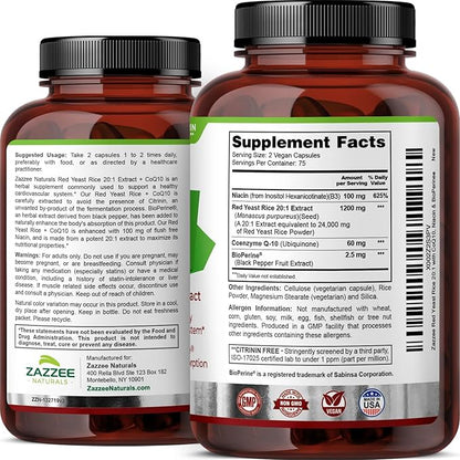 Zazzee Red Yeast Rice 1200 mg with CoQ10, 150 Vegan Capsules, Extra Strength 20:1 Extract, Citrinin Free, Supports Cardiovascular and Blood Circulation Health, All-Natural, Non-GMO, Made in The USA