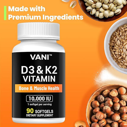 VANI Vitamins D3 (10000iu/250mcg) + K2 (as Mk7), for Bone & Muscle & Teeth Health, 90 SOFTGELS