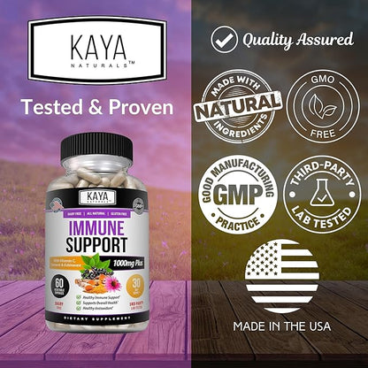 Kaya Naturals Elderberry Immune Support, Elderberry with Zinc and Vitamin C for Adults Vitamins, Probiotics & Turmeric 1000mg Immune System Booster Sambucus Capsules - 60 Count