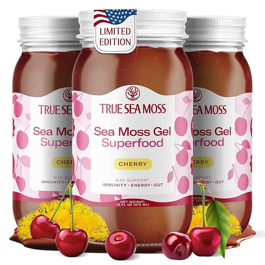 TrueSeaMoss Sea Moss Gel – Made in USA – Wildcrafted Seamoss, Fresh Fruits & Sea Vegetables – Cherry, Pack of 3 (Labels may Vary)