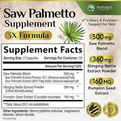 Saw Palmetto for Men Prostate Supplement - Potent 3X Formula with Stinging Nettle + Pumpkin Seed Extract for Men's Health, Herbal Prostate Supplement for Urinary Support, Bottled in USA, 60 Capsules
