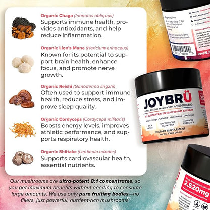 JOYBRÜ Ultra Potent Mushroom Powder Blend, 8:1 Concentrated Extract, Reishi, Chaga, Shiitake, Lion's Mane, Cordyceps, Maca, Probiotics, 3.35oz