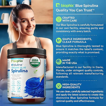 biophix Blue Spirulina Powder Organic Blulina 10 oz - Algae Organic Spirulina Powder 283 Servings - Superfood Supplement - Natural Blue Pigment - Espirulina en Polvo Organica Pura Azul