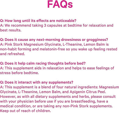 Pink Stork Magnesium Glycinate, L-Theanine, Lemon Balm - Melatonin-Free Magnesium for Sleep Support - Natural Calm and Relaxation - 90 Capsules