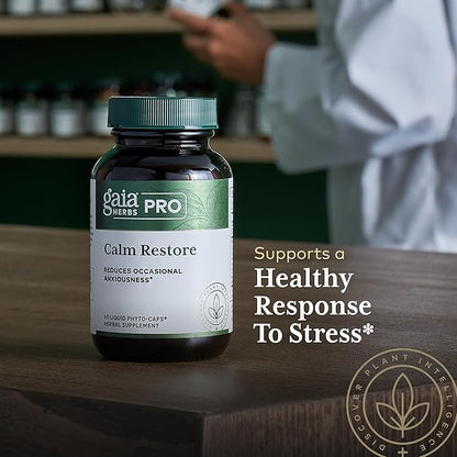 Gaia Herbs Pro Calm Restore - Nervous System Support Supplement* - Calm Support Supplement* with Skullcap Chamomile Holy Basil & Lavender - 60 Liquid Phyto-Caps (20 Servings)