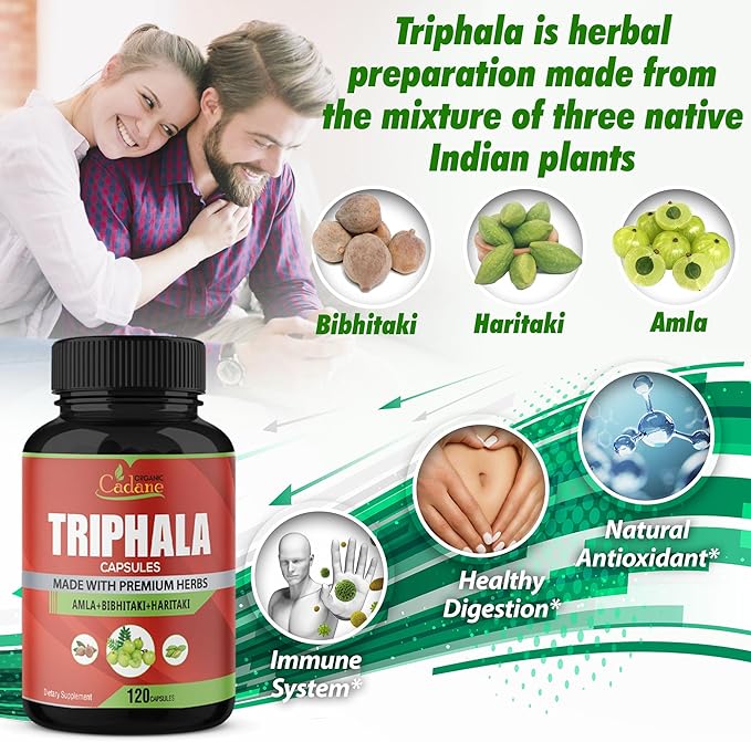 Organic Cadane Triphala (3 Fruit Powders) Supplement, 120 Veggie Capsules | Improves Digestion Function, Supports Immune System