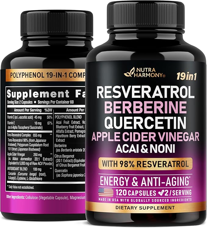 Resveratrol Supplement - 19-in-1 Organic Polyphenol Complex - Noni Extract | Berberine | Quercetin | Apple Cider Vinegar | Acai - Made in USA - Antioxidant & Heart Health Support - 120 Capsules