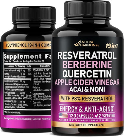 Resveratrol Supplement - 19-in-1 Organic Polyphenol Complex - Noni Extract | Berberine | Quercetin | Apple Cider Vinegar | Acai - Made in USA - Antioxidant & Heart Health Support - 120 Capsules