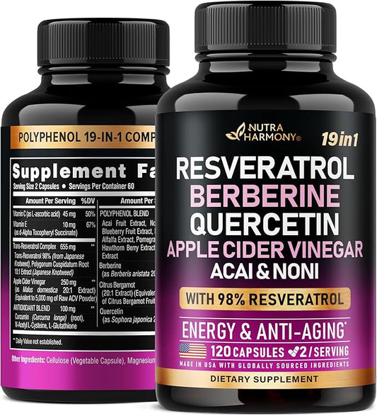 Resveratrol Supplement - 19-in-1 Organic Polyphenol Complex - Noni Extract | Berberine | Quercetin | Apple Cider Vinegar | Acai - Made in USA - Antioxidant & Heart Health Support - 120 Capsules