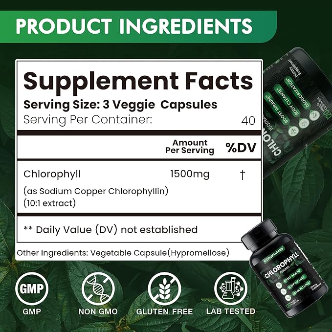 Chlorophyll Capsules 1500mg -Concentrated Natural Energy Boost for Body Deodorizing, Internal Cleanse, Skin Health - Sodium Copper Chlorophyllin,120 Vegan Capsules