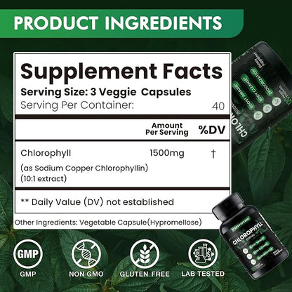 Chlorophyll Capsules 1500mg -Concentrated Natural Energy Boost for Body Deodorizing, Internal Cleanse, Skin Health - Sodium Copper Chlorophyllin,120 Vegan Capsules