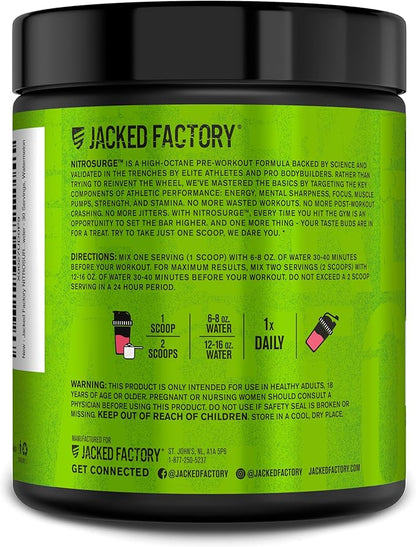Jacked Factory NITROSURGE Pre Workout Supplement - Endless Energy, Instant Strength Gains, Clear Focus and Intense Pumps - NO Booster & Powerful Preworkout Energy Powder - 30 Servings, Watermelon