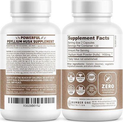 N1N Premium Psyllium Husk Capsules [All Natural,1450 MG] Powerful Soluble Fiber Supplement to Support Regularity and Digestive Health, 240 Caps