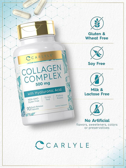 Carlyle Collagen Pills with Hyaluronic Acid 500mg | 90 Capsules | Hydrolyzed Collagen Supplement | Non-GMO, Gluten Free