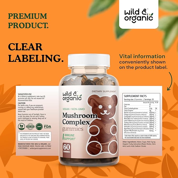Wild & Organic Mushroom Gummies - Lion's Mane, Cordyceps, Turkey Tail, Reishi, Chaga, Maitake - 10-in-1 Complex - Mushroom Supplement Gummies for Immune & Brain Support - 60 Count