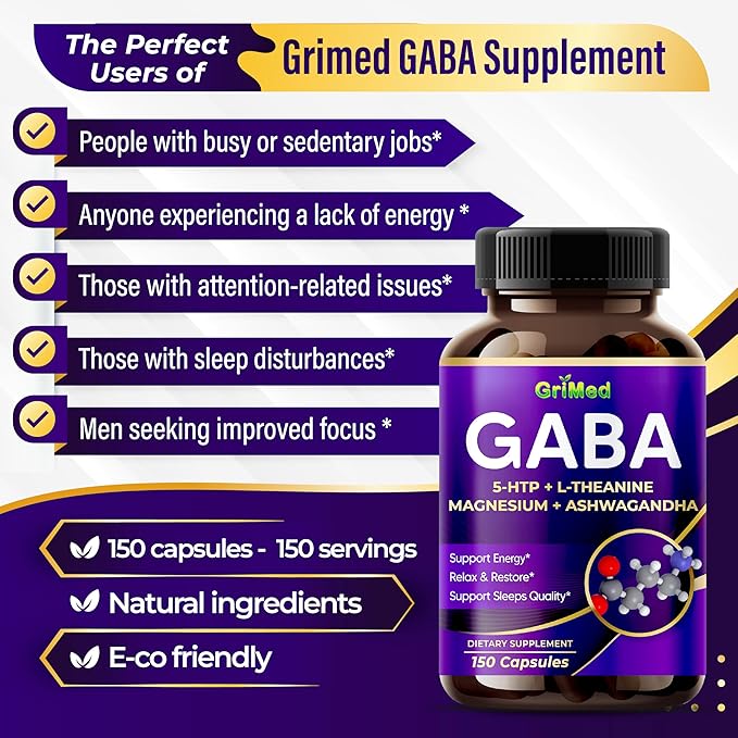 GriMed GABA 16,280mg - X15 Power with 5-HTP, L-Theanine, Magnesium, Ashwagandha - Relax & Restore, Support Sleep Well - Made in USA (150 Count (Pack of 1))