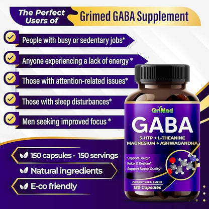 GriMed GABA 16,280mg - X15 Power with 5-HTP, L-Theanine, Magnesium, Ashwagandha - Relax & Restore, Support Sleep Well - Made in USA (150 Count (Pack of 1))