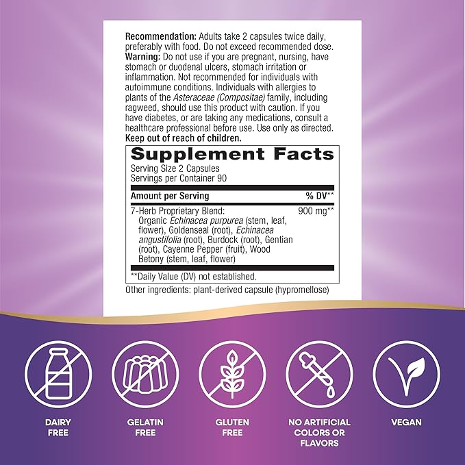 Nature's Way Echinacea Goldenseal, Premium Blend, Supports Immune Health*, 900 mg per 2-Capsule Serving, Non-GMO Project Verified, Vegan, 180 Capsules (Packaging May Vary)